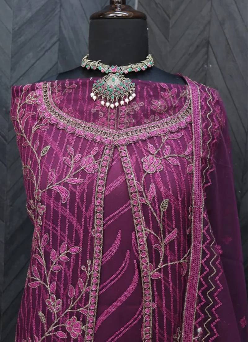 Wine net wedding indian pakistani long gown anarkali suit semi stitched