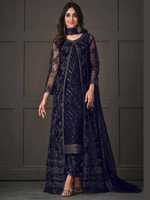 Navy blue net wedding indian pakistani long gown anarkali suit semi stitched 1