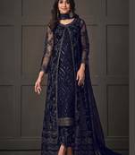 Navy blue net wedding indian pakistani long gown anarkali suit semi stitched