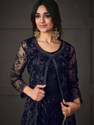 Navy blue net wedding indian pakistani long gown anarkali suit semi stitched 2