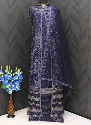 Navy blue net wedding indian pakistani long gown anarkali suit semi stitched 3