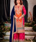 Orange-red embroidered chinon silk semi-salwar suit