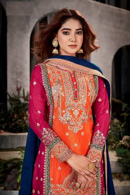 Orange-red embroidered chinon silk salwar suit 2