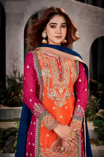 Orange-red embroidered chinon silk salwar suit