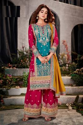 Green-red embroidered chinon silk blend salwar suit 1