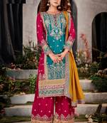 Green-red embroidered chinon silk semi-salwar suit