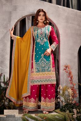 Green-red embroidered chinon silk blend salwar suit 2
