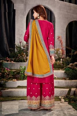 Green-red embroidered chinon silk blend salwar suit 3