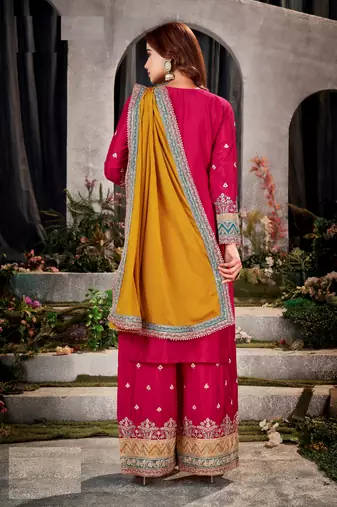 Green-red embroidered chinon silk salwar suit