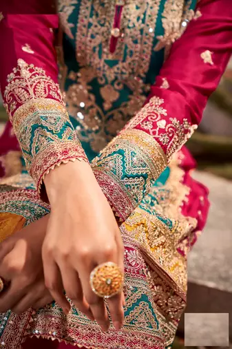 Green-red embroidered chinon silk salwar suit