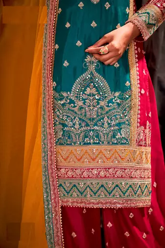 Green-red embroidered chinon silk salwar suit