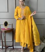 Women Yellow Chanderi Embroidered Kurta Pant Dupatta Set