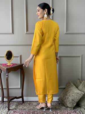 Women Yellow Chanderi Embroidered Kurta Pant Dupatta Set 2