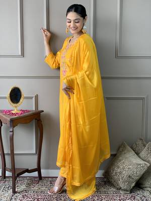 Women Yellow Chanderi Embroidered Kurta Pant Dupatta Set 3