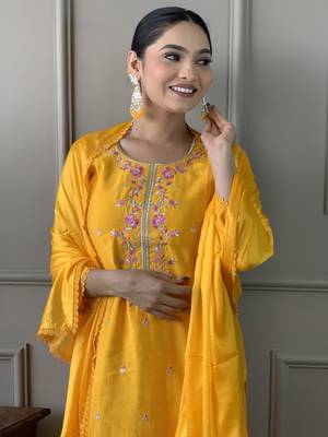 Women Yellow Chanderi Embroidered Kurta Pant Dupatta Set 4