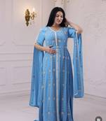 Teal Blue Colour Zari Embroidered Georgette Casual Stitched Wedding Party Wear Dress
