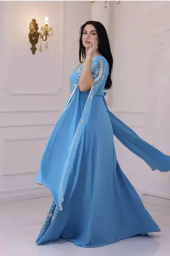 Teal Blue Colour Zari Embroidered Georgette Casual Stitched Wedding Party Wear Dress