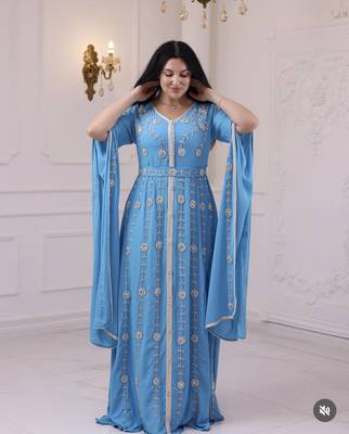 Teal Blue Colour Zari Embroidered Georgette Casual Stitched Wedding Party Wear Dress 3