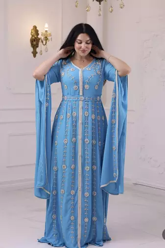 Teal Blue Colour Zari Embroidered Georgette Casual Stitched Wedding Party Wear Dress