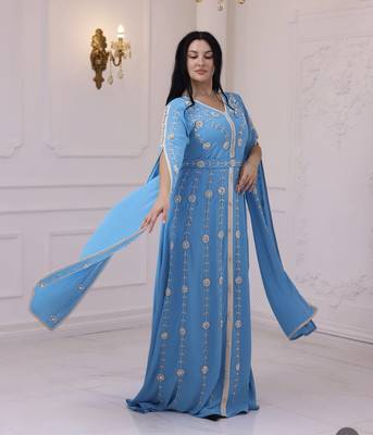 Teal Blue Colour Zari Embroidered Georgette Casual Stitched Wedding Party Wear Dress 4