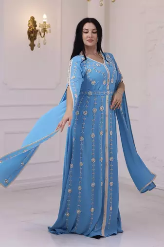 Teal Blue Colour Zari Embroidered Georgette Casual Stitched Wedding Party Wear Dress