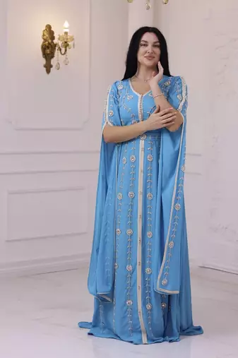 Teal Blue Colour Zari Embroidered Georgette Casual Stitched Wedding Party Wear Dress