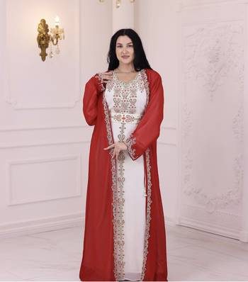 Red And White Zari Embroidered Stone Work Georgette Casual Stitched Wedding Party Wear Dress 1