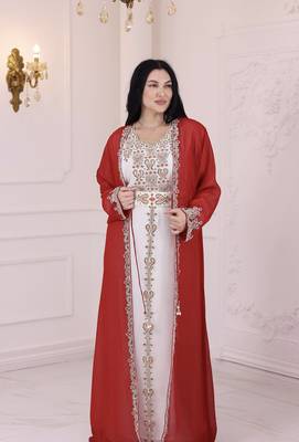 Red And White Zari Embroidered Stone Work Georgette Casual Stitched Wedding Party Wear Dress 3