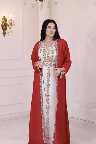 Red And White Zari Embroidered Stone Work Georgette Casual Stitched Wedding Party Wear Dress