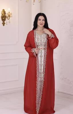 Red And White Zari Embroidered Stone Work Georgette Casual Stitched Wedding Party Wear Dress 4