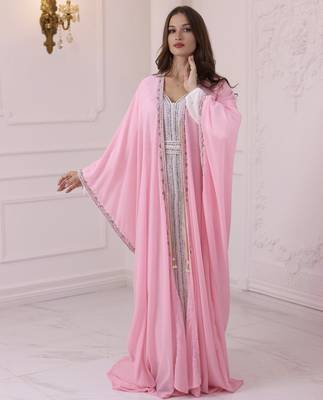 Pink And White Zari Embroidered Stone Work Georgette Casual Stitched Wedding Party Wear Dress 1
