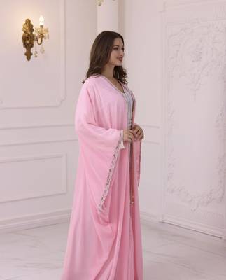 Pink And White Zari Embroidered Stone Work Georgette Casual Stitched Wedding Party Wear Dress 2
