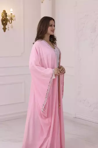 Pink And White Zari Embroidered Stone Work Georgette Casual Stitched Wedding Party Wear Dress