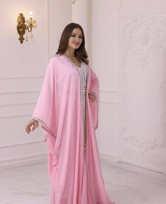 Pink And White Zari Embroidered Stone Work Georgette Casual Stitched Wedding Party Wear Dress 3