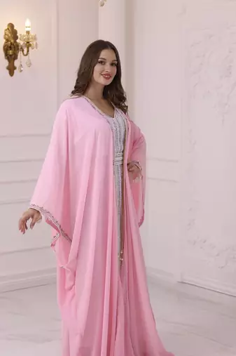 Pink And White Zari Embroidered Stone Work Georgette Casual Stitched Wedding Party Wear Dress