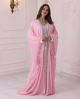 Pink And White Zari Embroidered Stone Work Georgette Casual Stitched Wedding Party Wear Dress 4