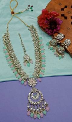 Indian bollywood bridal gold plated traditional kundan ad cz stones earrings necklace jewellery set 1