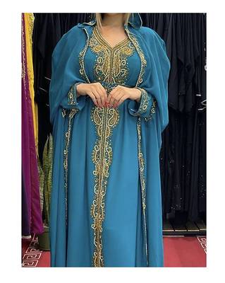 Teal Blue Kaftan Georgette Embroidered Stone work Stitched Dress Party Wear Wedding Dresses 2