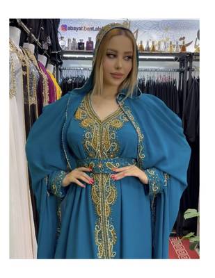 Teal Blue Kaftan Georgette Embroidered Stone work Stitched Dress Party Wear Wedding Dresses 3