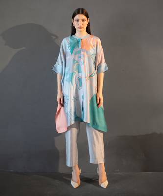 Blue & orange asymmetric kurta set 1
