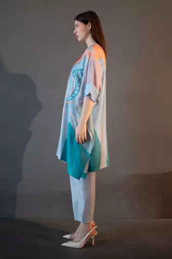 Blue & orange asymmetric kurta set