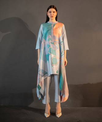 Blue & orange long kaftan tail set 1