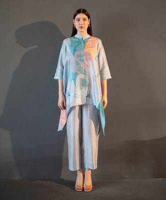 Blue & orange short kaftan tail set 1