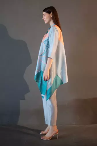 Blue & orange short kaftan tail set