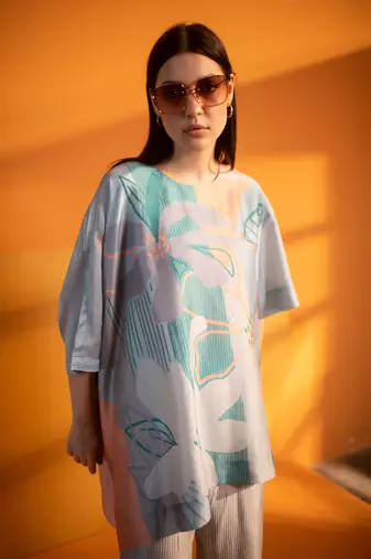 Blue & orange one side kaftan sleeve set