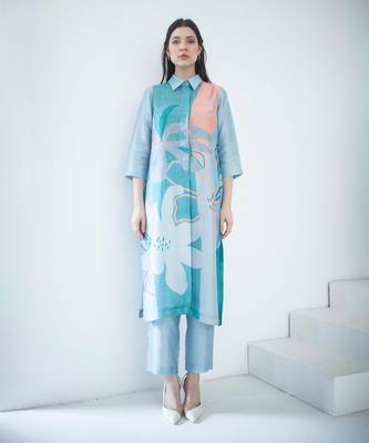 Blue & orange long straight kurta set 1