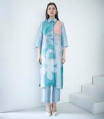 Blue & orange long straight kurta set