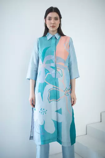 Blue & orange long straight kurta set