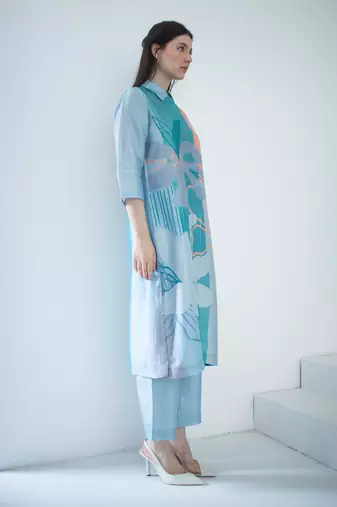 Blue & orange long straight kurta set