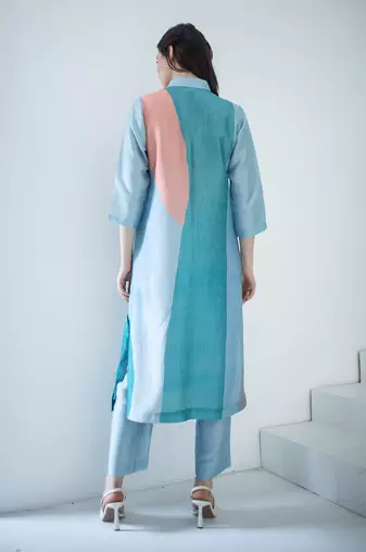 Blue & orange long straight kurta set